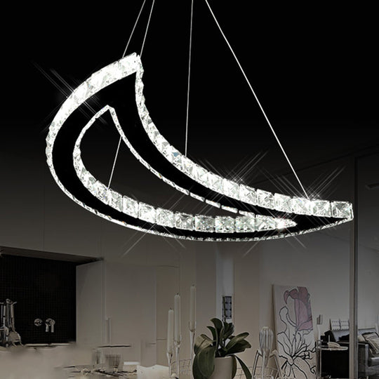 Simplistic Stainless-Steel Led Pendant Chandelier With Crystal Block Crescent Design In Warm/White