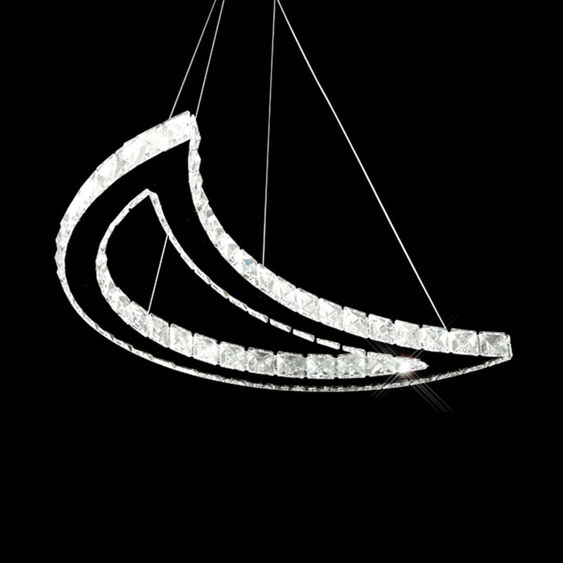 Simplistic Stainless-Steel Led Pendant Chandelier With Crystal Block Crescent Design In Warm/White