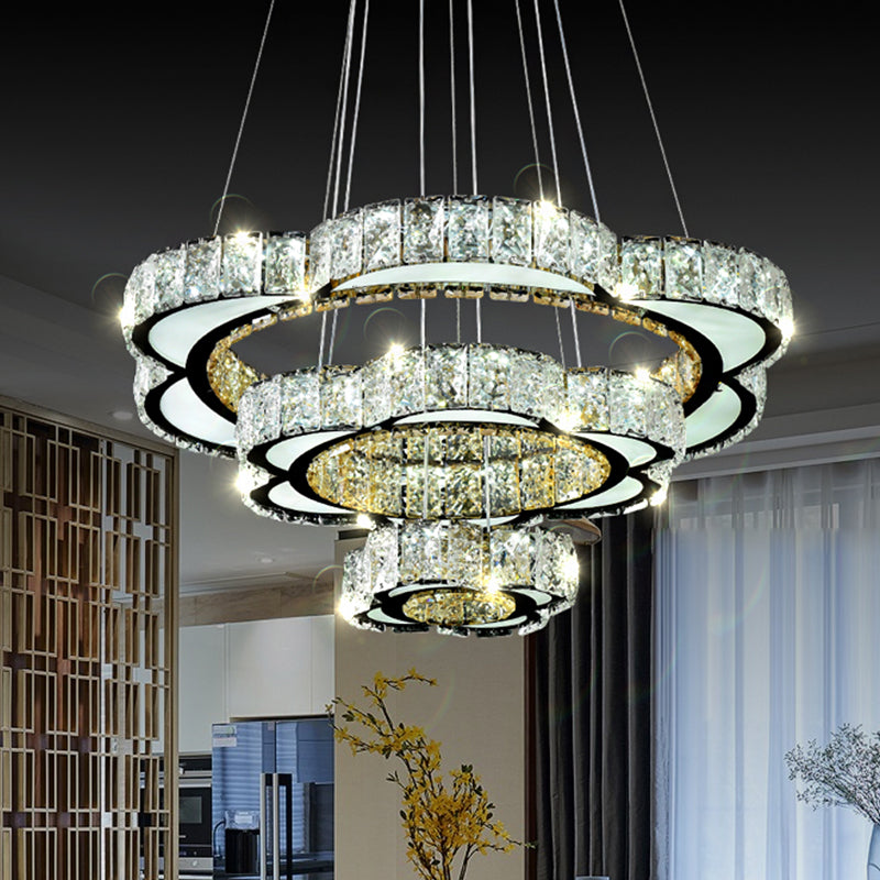 Stainless-Steel 3-Tier Flower Chandelier with Faceted Crystal, LED Pendant in Warm/White Light - Elegant Dining Room Lighting