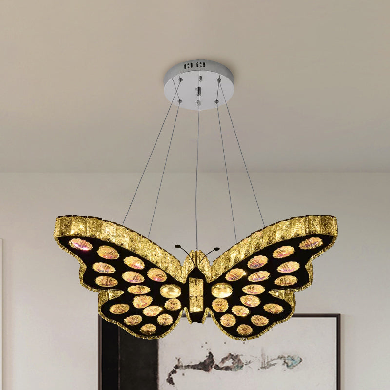 Modern Black Crystal Led Butterfly Suspension Chandelier With Warm/White Light