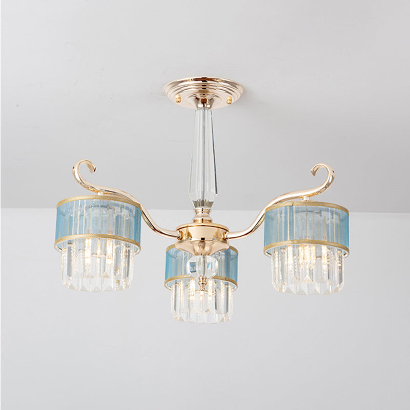 Cylinder Crystal Prisms Chandelier - Contemporary 3-Light Pendant In Gold