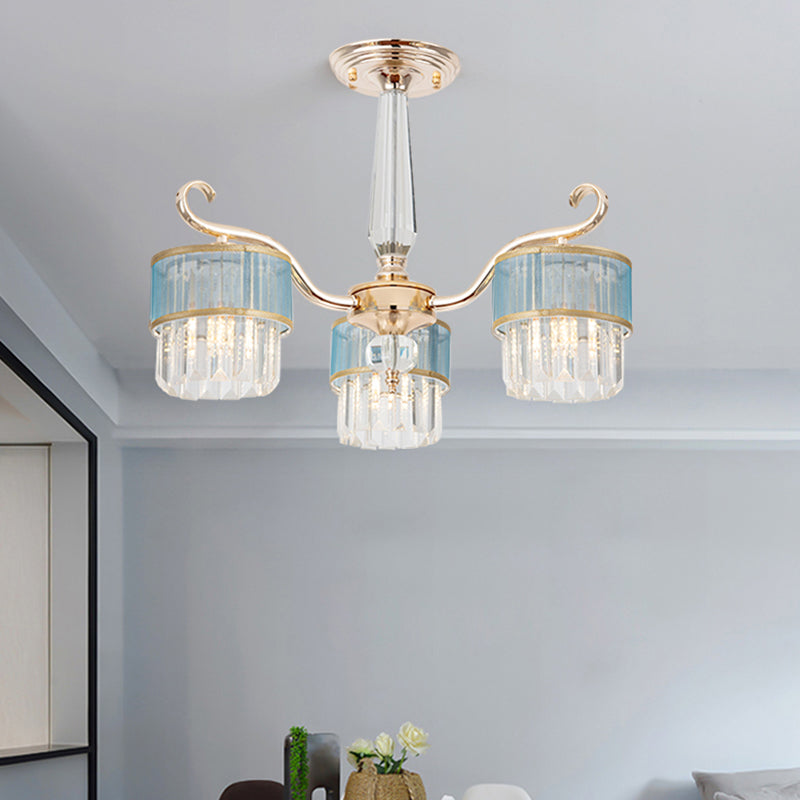 Contemporary Crystal Prisms Gold Cylinder Chandelier - 3 Lights - Pendant Ceiling Fixture