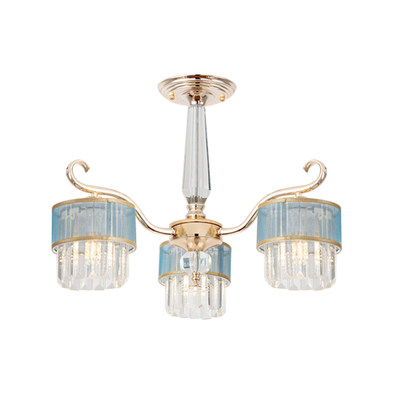 Cylinder Crystal Prisms Chandelier - Contemporary 3-Light Pendant In Gold