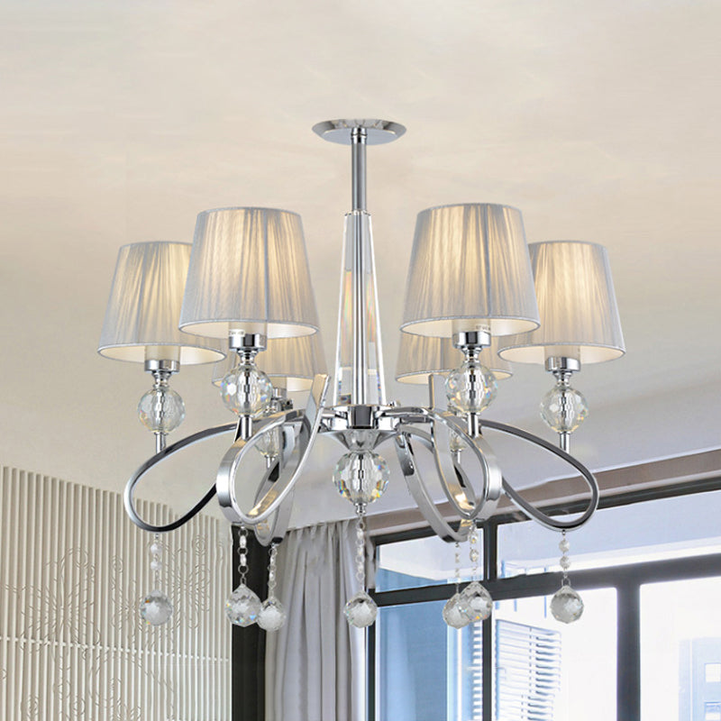 Modern Fabric Cone Chandelier Pendant With Crystal Accents - 6 Heads Suspended Lighting Fixture In