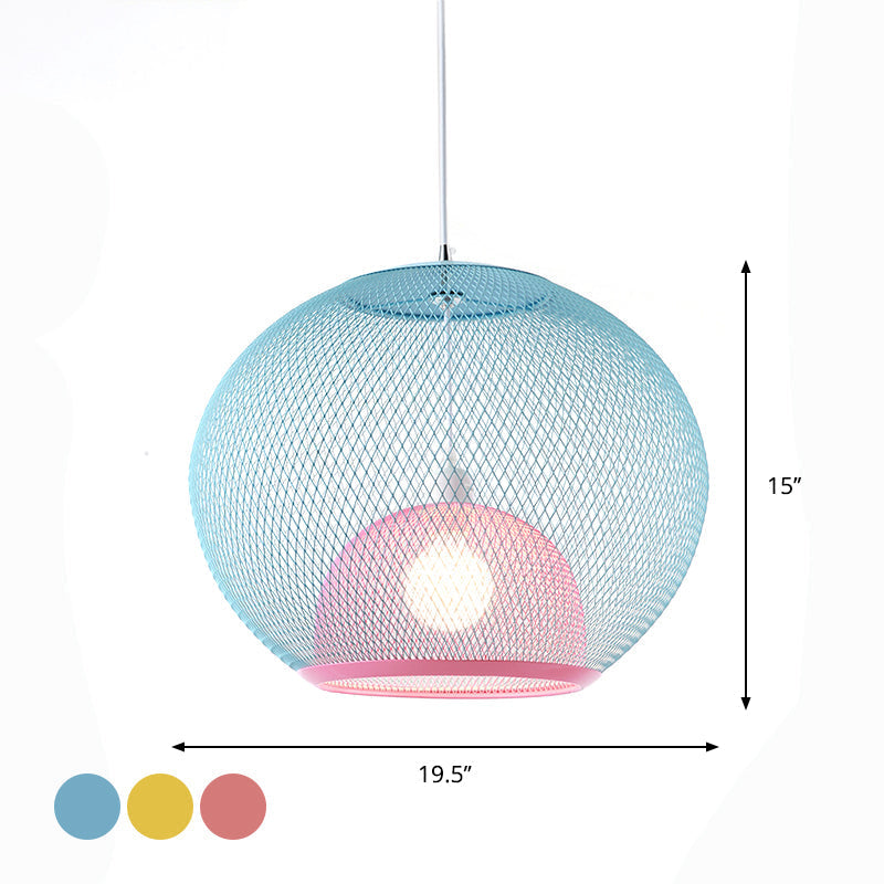 Global Mesh Restaurant Pendant Light - Metallic Single-Bulb Macaron Ceiling Fixture In Pink Yellow