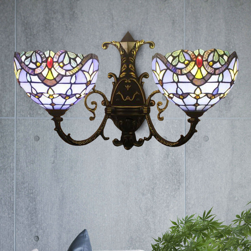 Baroque-Style Stained Glass Double Wall Sconce Lamp In Brown/Blue - Perfect For Dining Room Décor!
