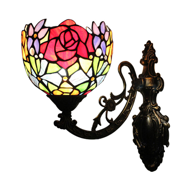 Vintage Loft Style Floral Wall Sconce With Stained Glass Shade - 1 Light Red Indoor Lighting Fixture