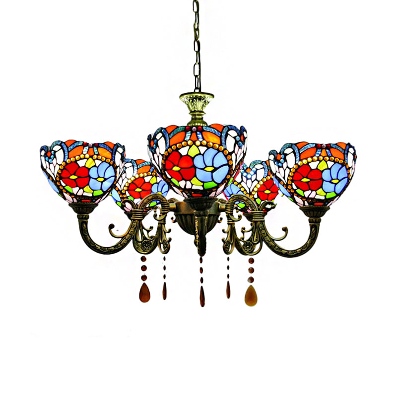 Rustic Vintage Floral Chandelier With Adjustable Chain - Stained Glass Hanging Light