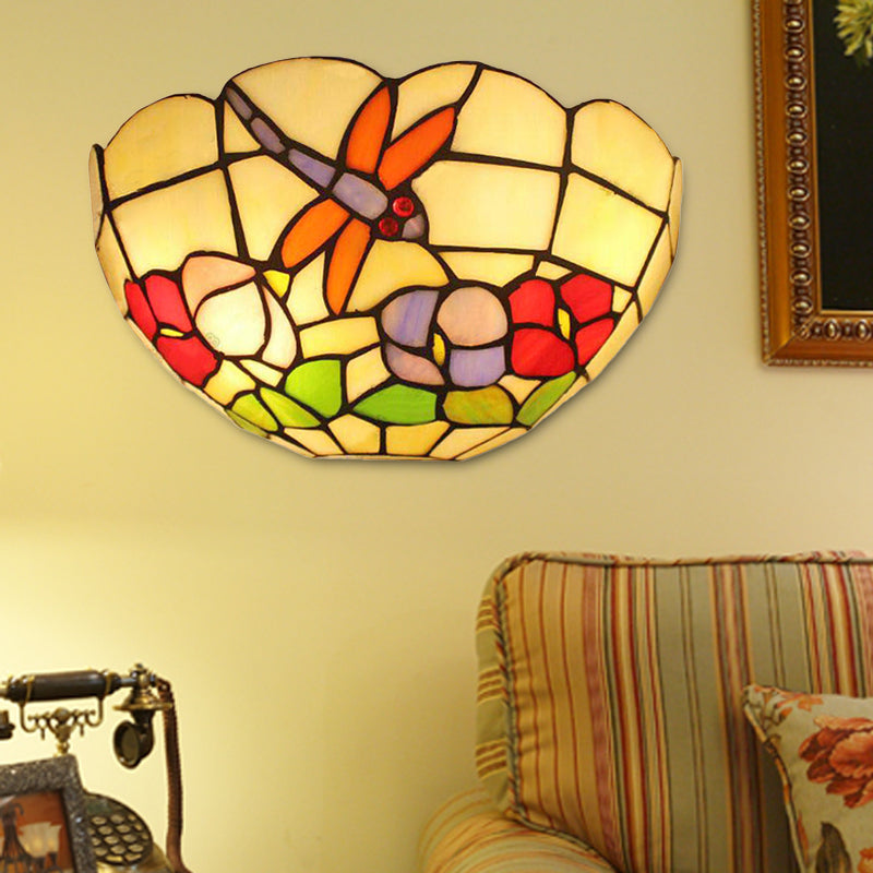 Dragonfly Stained Glass Wall Sconce With Double Bulbs And Bowl Shade For Lodge Décor Beige