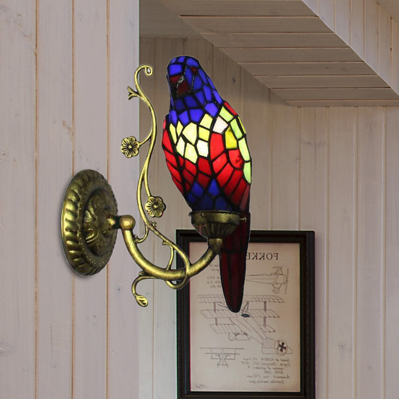 Rustic Vintage Red/Blue Parrot Stained Glass Wall Light Sconce In Brass Blue