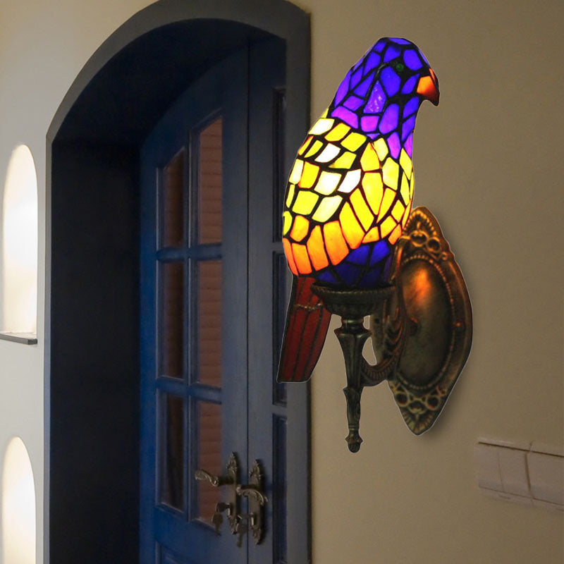 Stained Glass Parrot Wall Lamp - Lodge Style Brass Sconce For Living Room