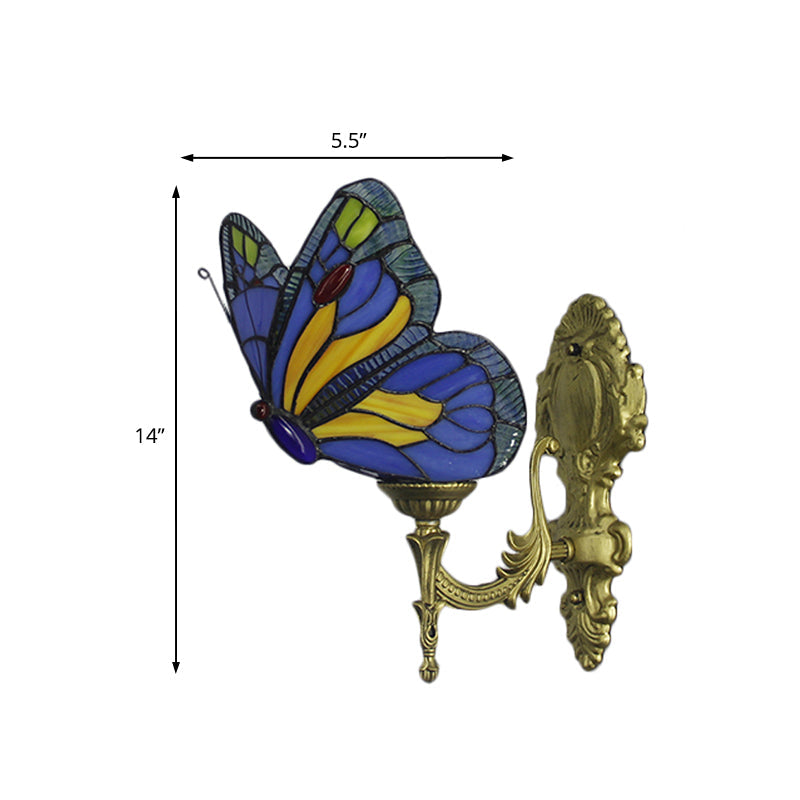 Stained Glass Butterfly Wall Light Fixture With Brass Finish - Lodge Style 1-Bulb Lighting