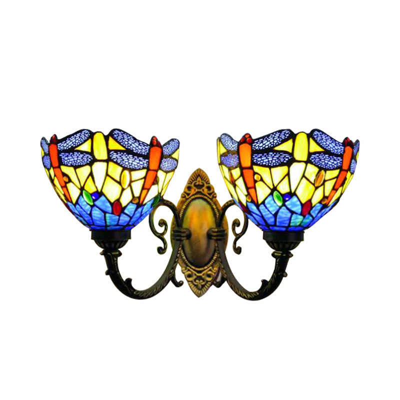 Rustic Dragonfly Wall Light - Vintage 2-Light Stained Glass Fixture In Brass Indoor Lighting