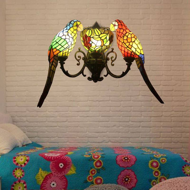 Stained Glass Parrots Wall Sconce Light - Tiffany Rustic Style With 2 Lights Bowl Shade In Antique