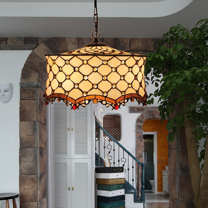 Stylish Beige Tiffany Ceiling Lamp With Jeweled Stainless Glass Pendant Lighting & Drum Shade - 3