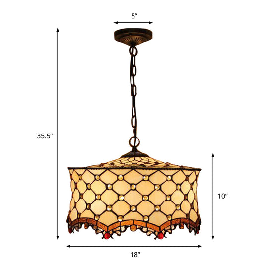 Stylish Beige Tiffany Ceiling Lamp With Jeweled Stainless Glass Pendant Lighting & Drum Shade - 3