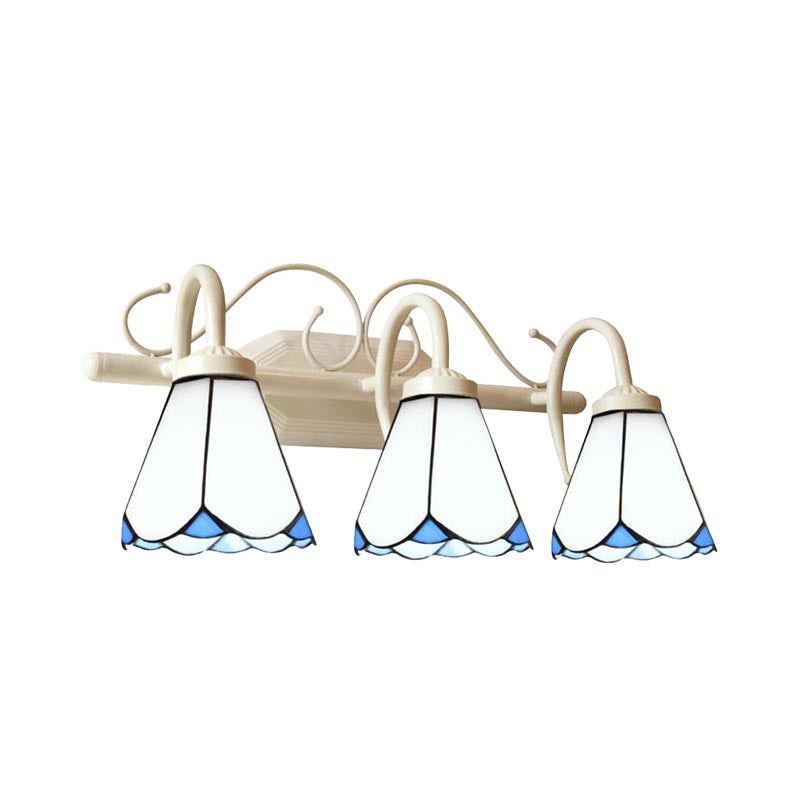 Traditional White Glass Bathroom Wall Sconce Lamp With Curved Arm - 3 Lights