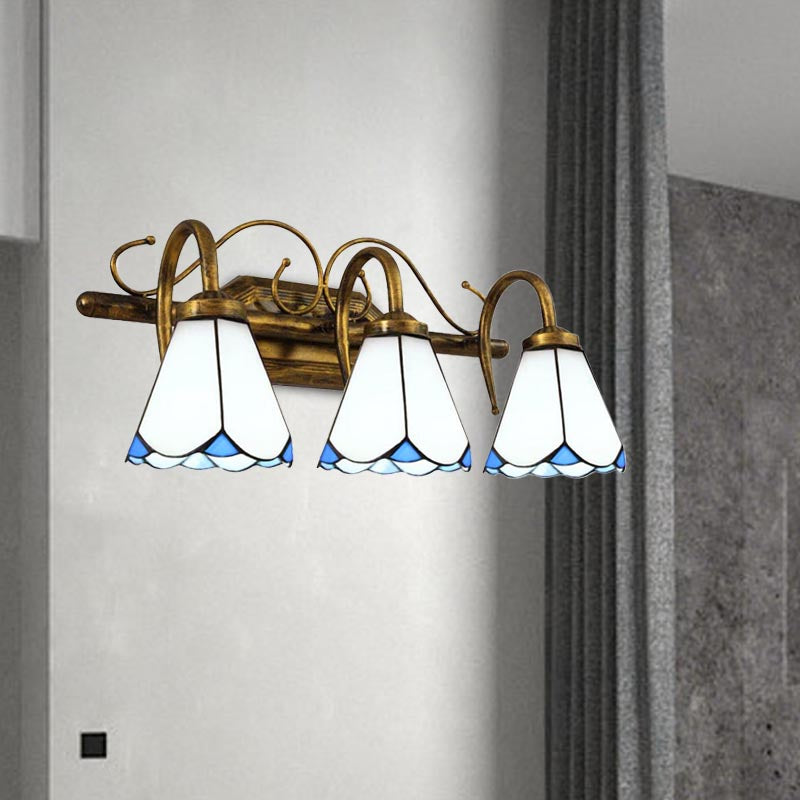 Vintage Conical Stained Glass Wall Sconce Light With 3 Lights In White - Bathroom Lighting