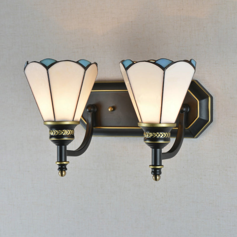 Stained Glass Wall Mount Light With Traditional Cone Design - Ideal For Kitchen 2 Heads White