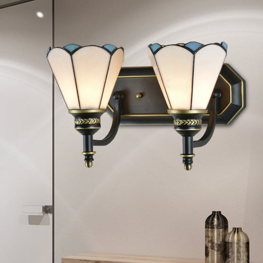 Stained Glass Wall Mount Light With Traditional Cone Design - Ideal For Kitchen 2 Heads