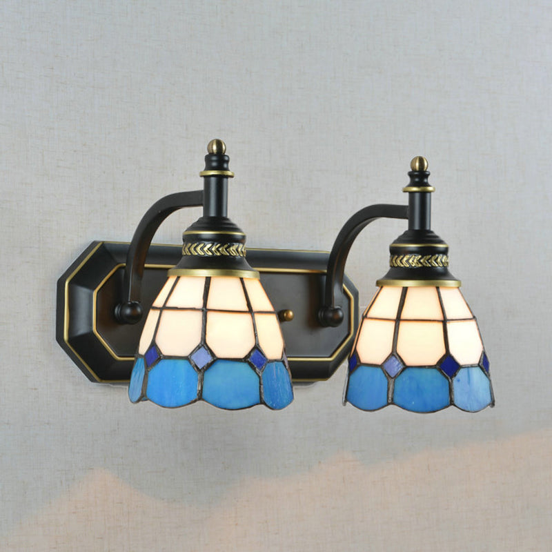 Mediterranean Stained Glass Wall Sconce With 2 Lights - Black Bedroom Lighting Blue