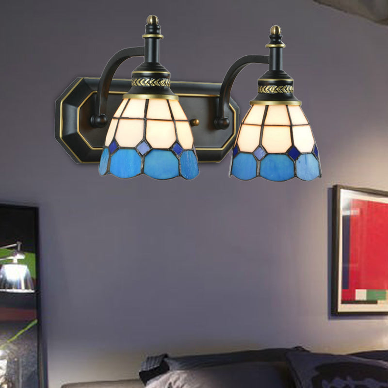 Mediterranean Stained Glass Wall Sconce With 2 Lights - Black Bedroom Lighting