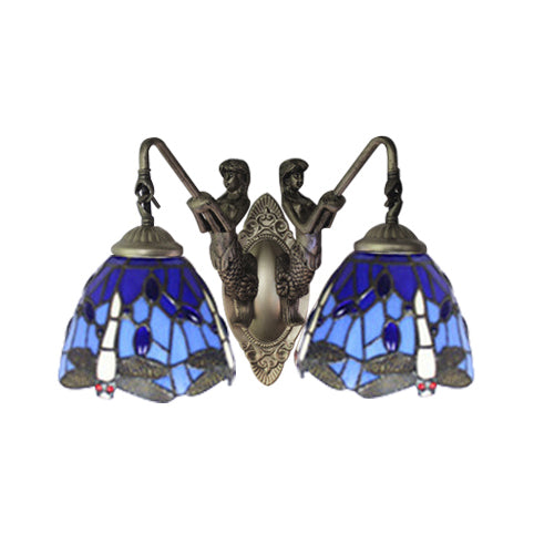 Blue Glass Dragonfly Tiffany Wall Lamp With Pull Chain - 2-Headed Brass Sconce Light