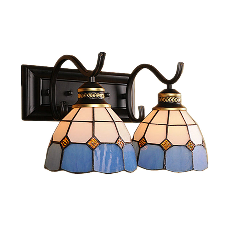 Mediterranean Stained Glass Domed Wall Light Fixture With 2 Lights In White/Black - Perfect For