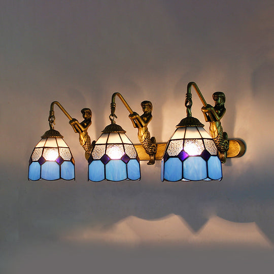 Modern Tiffany Glass Wall Sconce: 3-Head Grid Pattern Light Blue/Green/Clear Dimpled Lighting Royal