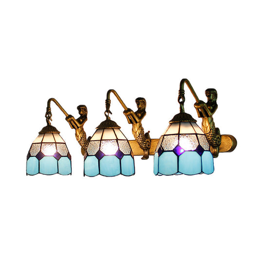 Modern Tiffany Glass Wall Sconce: 3-Head Grid Pattern Light Blue/Green/Clear Dimpled Lighting