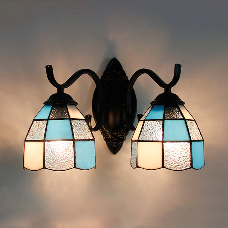 Retro Tiffany Stained Glass Wall Lamp - 2-Head Bedroom Mount Light In Blue/Orange
