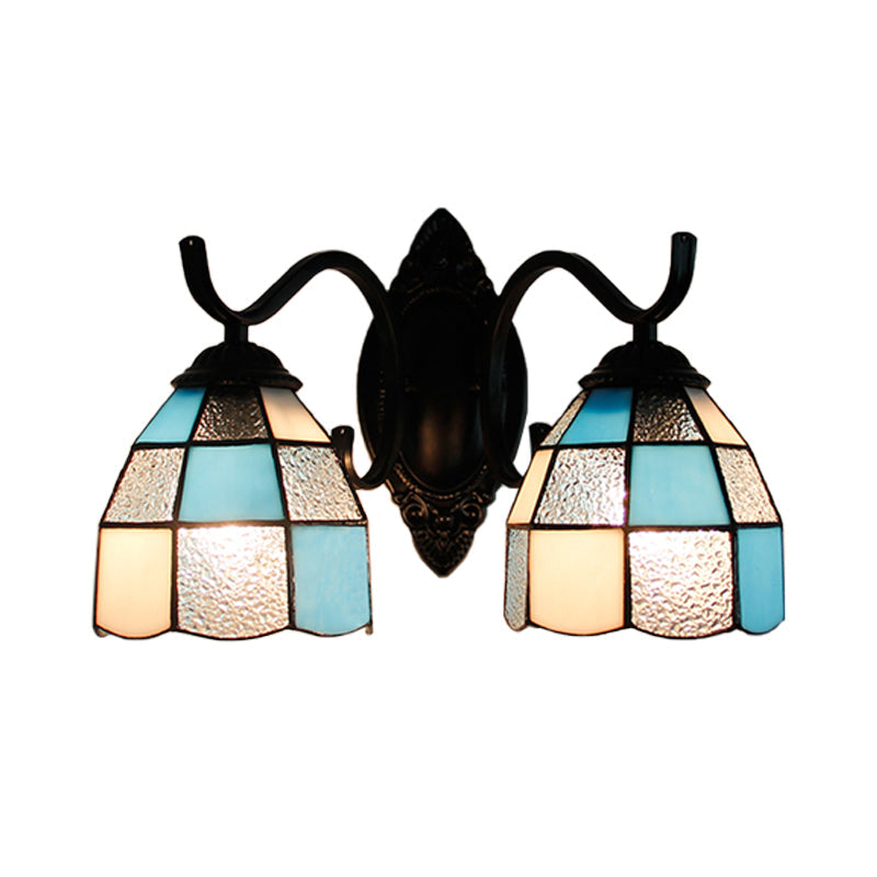 Retro Tiffany Stained Glass Wall Lamp - 2-Head Bedroom Mount Light In Blue/Orange