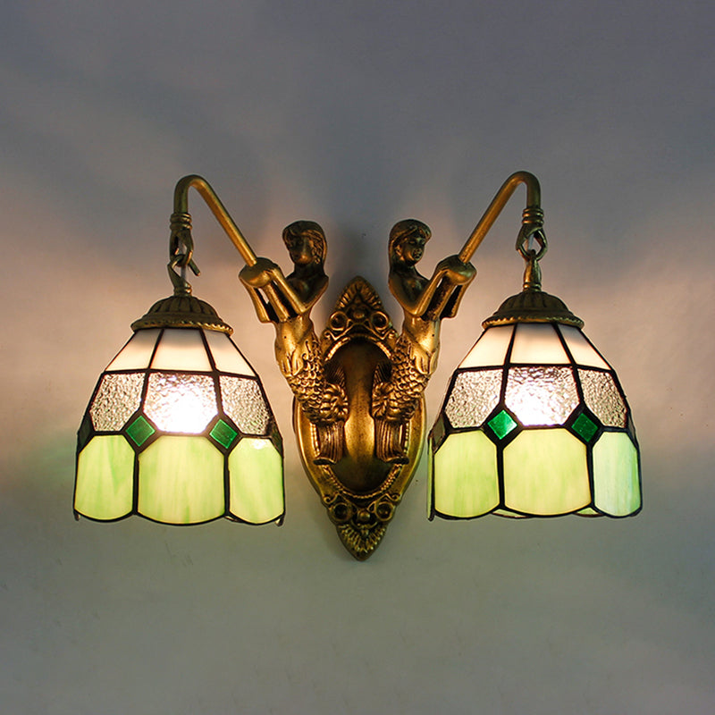 Tiffany Glass Sconce With Grid Pattern & 2 Orange/Green Heads- Wall Mounted Light Green