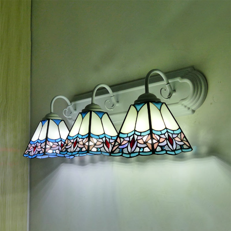 Blue Stained Glass Pyramid Sconce Light - Wall Mounted 3-Head Fixture For Living Room