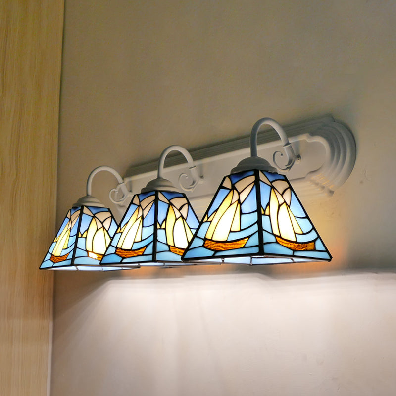 Nautical Stained Glass Sailboat Sconce: White Finish Wall Mount With 3 Heads Blue