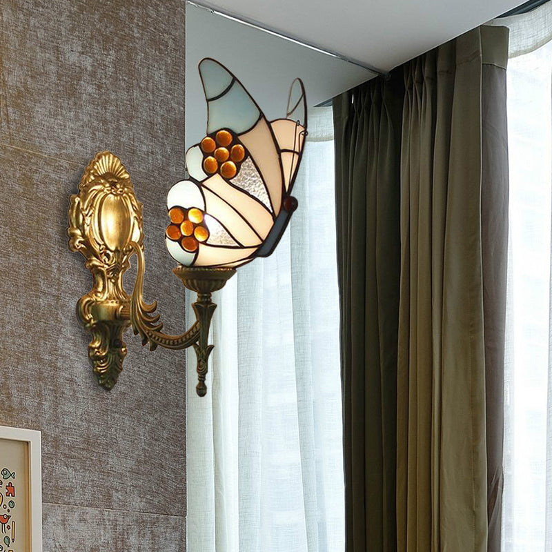Lodge-Style Blue Butterfly Wall Sconce: Stained Glass Kitchen Lighting Brass