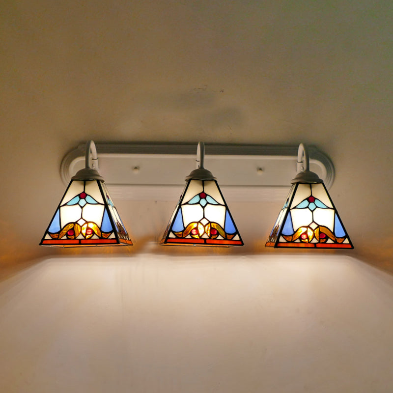 White Stained Glass Sconce Lighting - Tiffany Pyramid 3-Head Wall Fixture