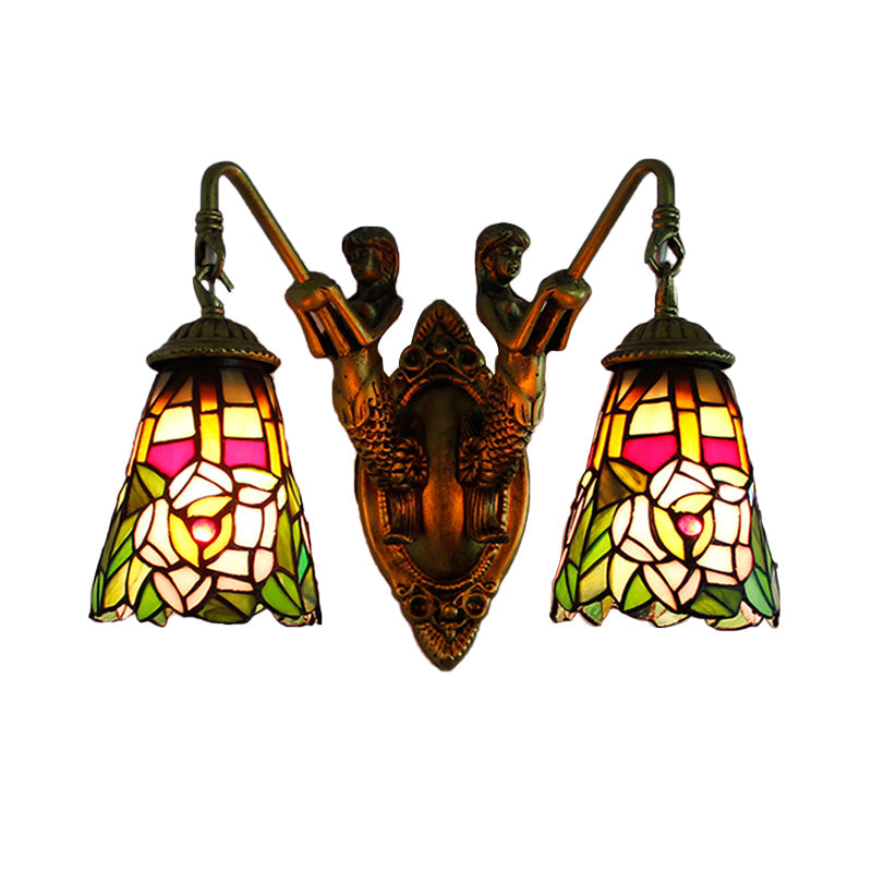Multicolor Stained Glass Tiffany Wall Sconce Light Fixture With 2 Flared Heads Peacock Tail/Flower