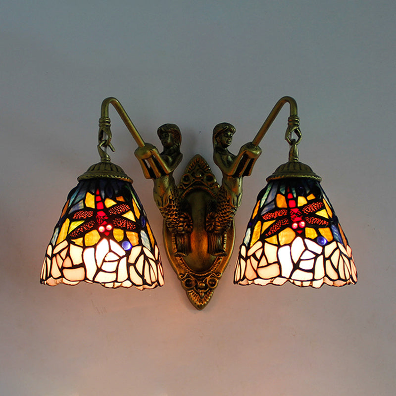 Dragonfly Wall Mounted Light: 2 Head Baroque Brass Multicolor Stained Glass Sconce