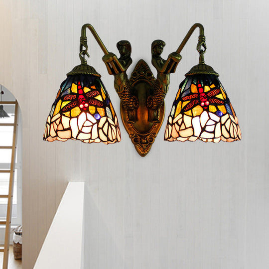 Dragonfly Wall Mounted Light: 2 Head Baroque Brass Multicolor Stained Glass Sconce