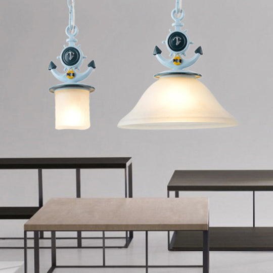 Nautical Blue Pendant Lamp For Restaurant Cafes: Metal & Frosted Glass Hanging Light