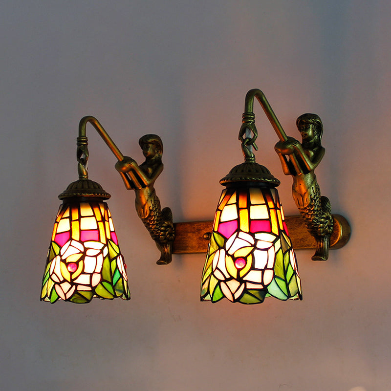 Multicolor Stained Glass Tiffany Flared Wall Mount Light - 2 Heads Hallway With Peacock Tail/Flower