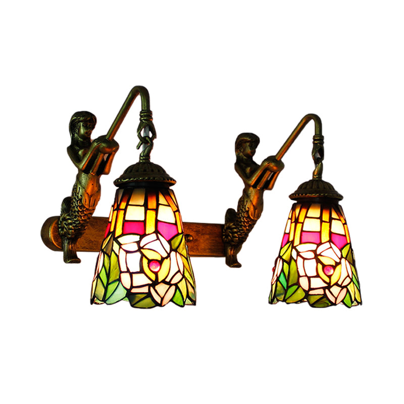 Multicolor Stained Glass Tiffany Flared Wall Mount Light - 2 Heads Hallway With Peacock Tail/Flower