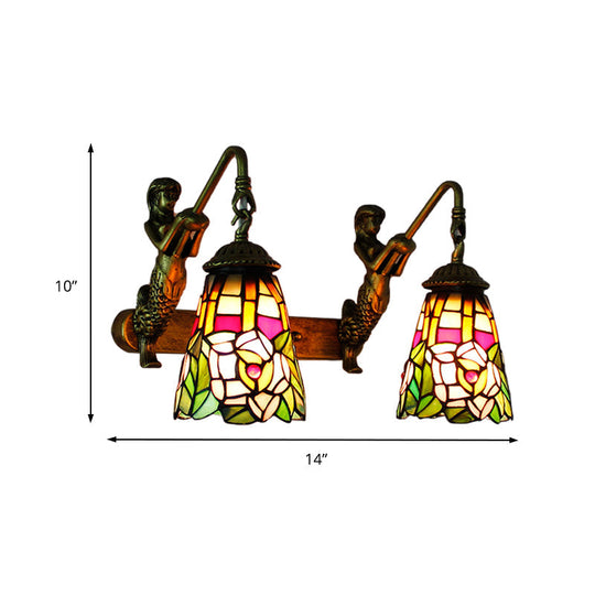 Multicolor Stained Glass Tiffany Flared Wall Mount Light - 2 Heads Hallway With Peacock Tail/Flower