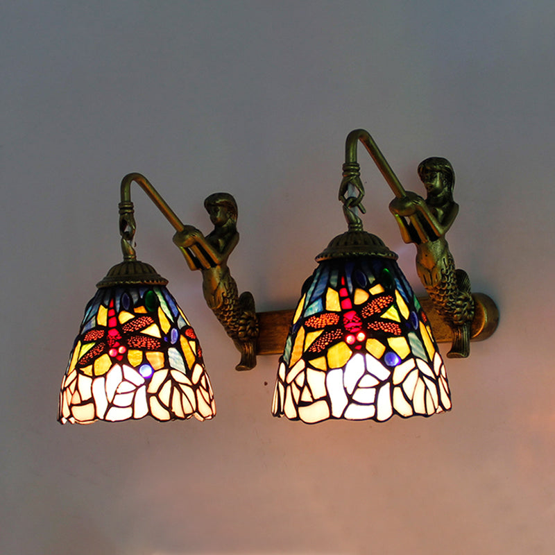 Dragonfly Stained Glass Wall Sconce Light Baroque - 2-Head Pink Lighting For Bedroom