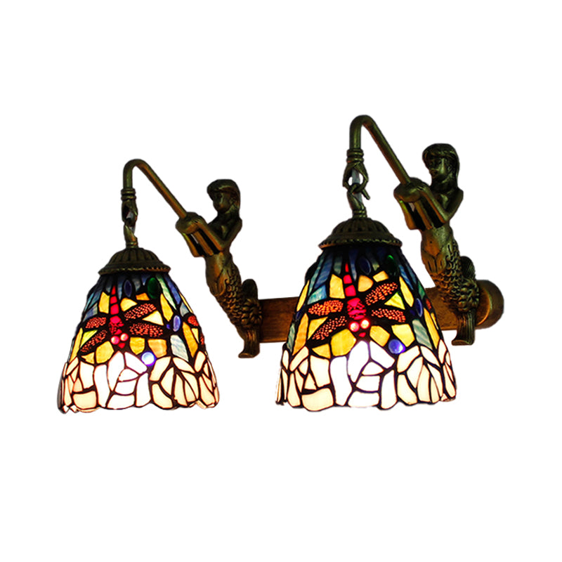 Dragonfly Stained Glass Wall Sconce Light Baroque - 2-Head Pink Lighting For Bedroom