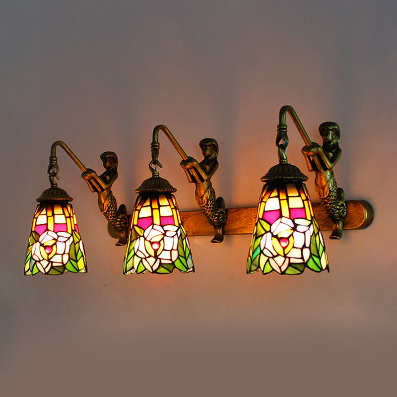 Peacock Stained Glass Wall Sconce With 3 Flared Headlights Brass / Flower