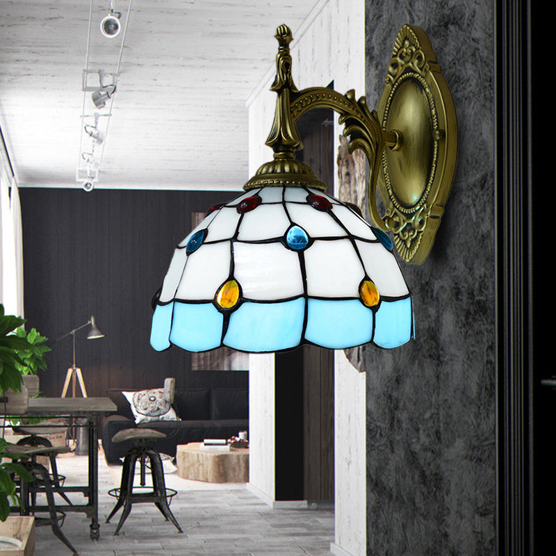 Stained Glass Dome Wall Light Fixture - Colorful Bead Tiffany Sconce Lamp