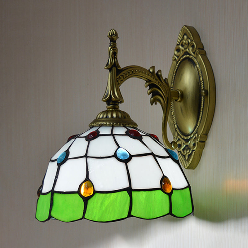 Stained Glass Dome Wall Light Fixture - Colorful Bead Tiffany Sconce Lamp Green