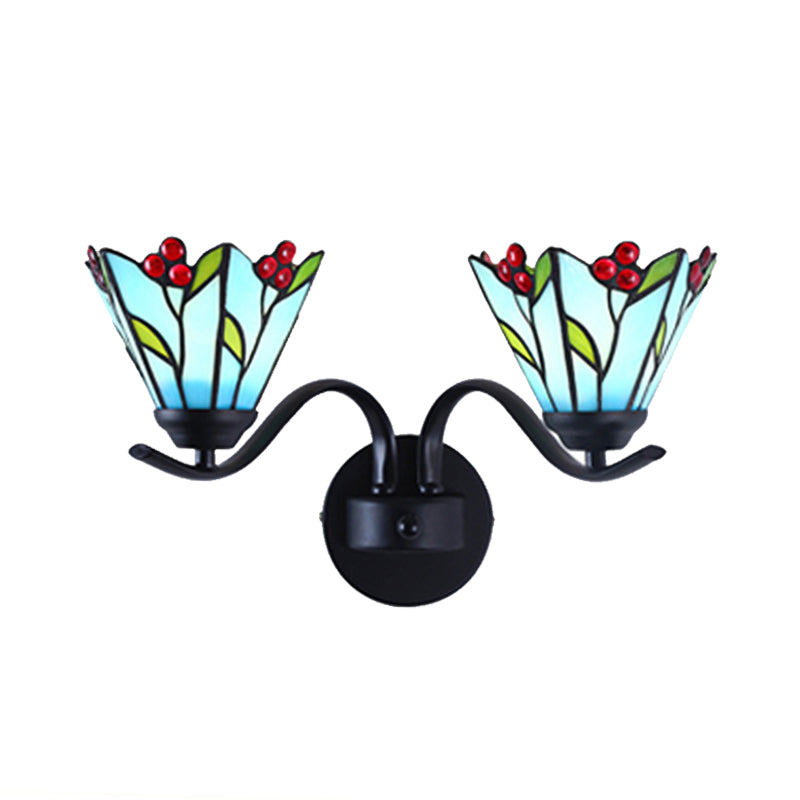 Tiffany Style Blue Glass Lily Sconce Light Fixture - 2 Head Black Wall Mounted Lamp For Corridor